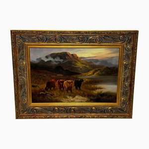 Gustave De Brianski, Longhorn Cattle, West Scottish Highlands, siglo XIX, pintura al óleo, enmarcado