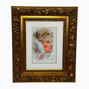 Princess Diana Vogue Arabia in Spring Wearing Minty Green Head Scarf, Oil Pastel, 1990s