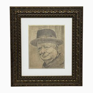 Premierminister Leonard Winston Churchill, 1940er, Bleistiftzeichnung, Gerahmt