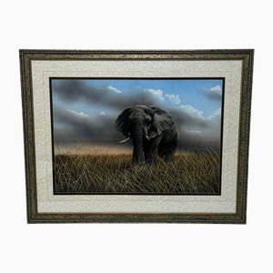 Follower of David Shepherd, Large British Painting Gray Bull Elephant About to Charge, Kruger National Park, 1990s, Mixed Media, Framed