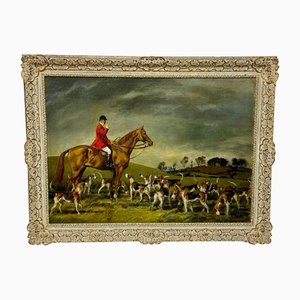 John Theodore Kenney, Red Coat Huntsman wwith Hound Dogs, 1957, Oil Painting, Framed