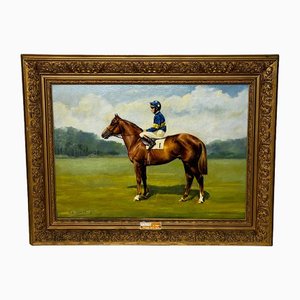 No 1 English Colt Horse Grundy Epsom Derby con Jockey Pat Eddery, 1975, Pintura al óleo, Enmarcado