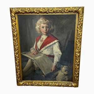David Alison RSA, Girl Reading Story Book with Teddy Bear, 1914, Oil Painting, Framed