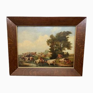 British Georgian Artist, Cattle Gathered Watering in Landscape, Oil Painting, Framed