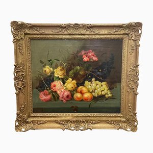 Edwin Steele, Bodegón de rosas, melocotones y uvas, siglo XIX, pintura al óleo, enmarcado