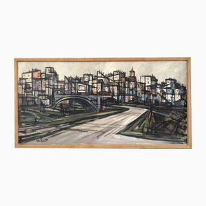 Cityscape in Motion Street Scenes, años 50, pintura al óleo, enmarcado