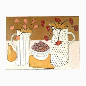 Frutas de verano, Bodegón de flores de verano, años 50, Pintura en lienzo