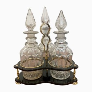 Antique Victorian Decanter Stand with Three Original Cut Glass Decanters, 1860, Set of 4