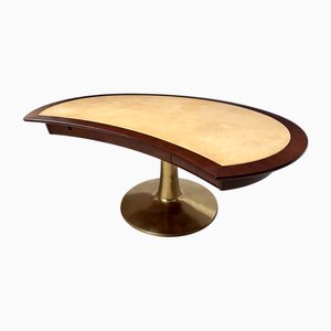 Italian Sculptural Single Column Desk in Leather and Brass, 1950s