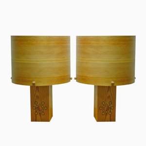 Vintage Pine Table Lamps with Veenered Shades, Set of 2