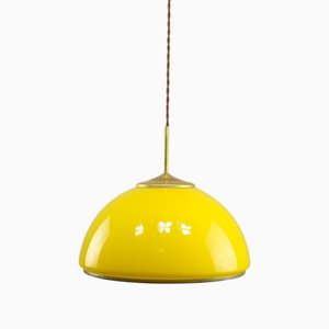 Mid-Century Italian Yellow Glass and Brass Pendant Lamp