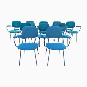 Sillas de comedor de acero con reposabrazos, asientos y respaldo acolchados de alcántara, años 60. Juego de 10
