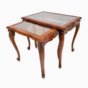 Tables Gigognes Vintage avec Plateau en Rotin et Verre, Set de 2