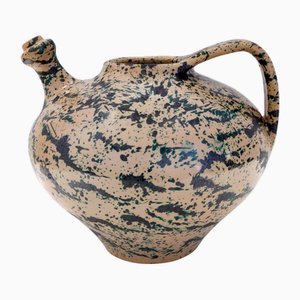 Vintage Beige & Grün Lackierte & Handbemalte Terrakotta Vase, Deruta, Italien, 1950er