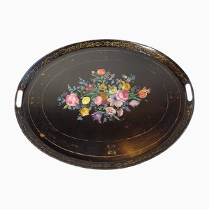 Large Antique Tin Tray with Hand Painted Flowers