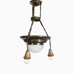 Vintage Hanging Lamp in Patinated Brass and Crystal Glass, 1930s