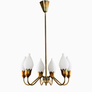 Lustre Tulip Vintage en Laiton et Verre Opalin de Fog & Mørup, Danemark, 1950s