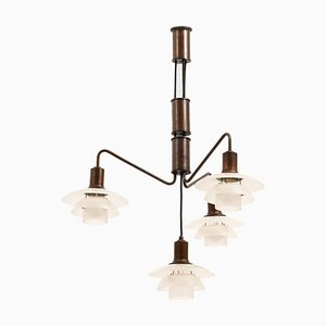 Plafonnier avec Structure en Laiton Marron et Abat-jour en Verre attribué à Poul Henningsen, 1930s