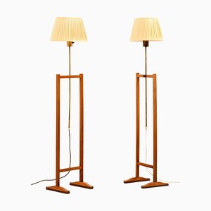 Floor Lamps in Cherrywood and Brass with Lamp Shades attributed to Josef Frank, 1950s, Set of 2
