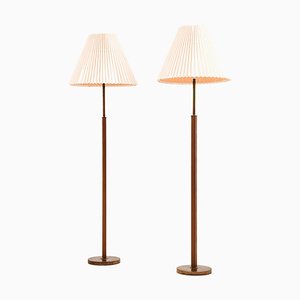 Lampadaires en Cuir et Laiton avec Abat-jours d'Origine, 1950s, Set de 2