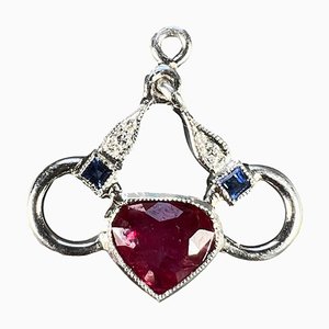 Art Deco Platinum Love Heart Charm Pendant with Diamond, Sapphire and Ruby, 1920s
