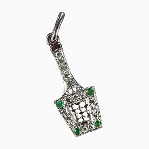 Art Deco Platinum Tennis Racket Charm Pendant with Diamond and Emerald, 1920s
