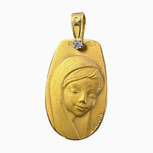 Französischer 18 Karat Gelbgold Anhänger mit Religiöser Jungfrau Maria Medaille und Diamant von Augis, 1980er