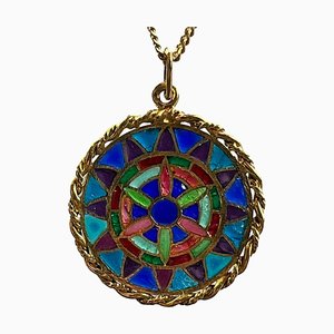 Französische Plique a Jour Anhänger Medaille aus 18 Karat Gelbgold & Emaille, 1950er
