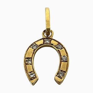 Französischer Hufeisen-Glücksanhänger aus 18 Karat Gelbgold mit 7 Diamanten, 1950er