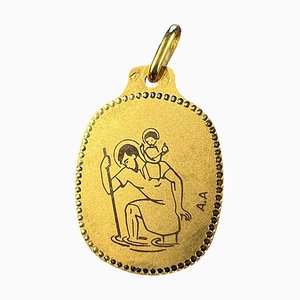 Französische Saint Christopher Medal Anhänger aus 18 Karat Gelbgold & schwarzer Emaille von Augis, 1950er