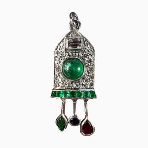 Art Deco Platinum Cuckoo Clock Charm Pendant with Diamond, Emerald, Ruby and Sapphire, 1920s