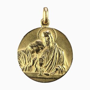 Large French 18 Karat Yellow Gold Religious Jesus Christ Holy Communion Medal Pendant, 1890s