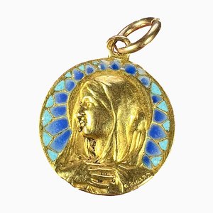 Französische Jungfrau Maria Plique a Jour Medaille aus 18 Karat Gelbgold & Emaille von G. Bigard, 1890er