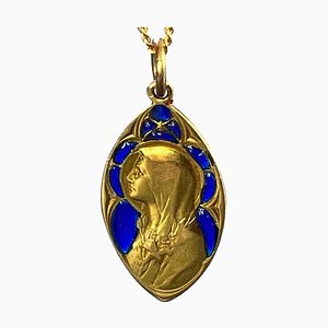 Französische Jungfrau Maria Plique a Jour Medaille aus 18 Karat Gelbgold & Emaille von Guilbert, 1890er