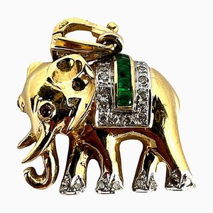 Pendentif Lucky Elephant Emerald Diamond Rubis en Or Jaune 18k, France, 1950s