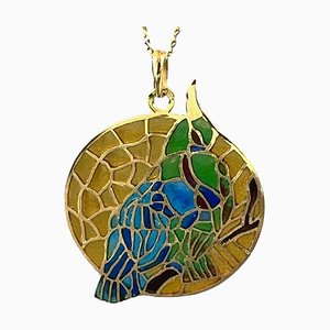 Französische Bird Plique a Jour Emaille Medaille aus 18 Karat Gelbgold, 1950er