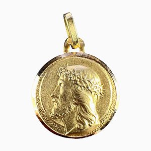 Französischer 18 Karat Gelbgold Anhänger mit Jesus Christus Dornenkrone Medaille, 1970er