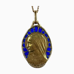 Französische Jungfrau Maria Plique a Jour Emaille Medaille aus 18 Karat Gelbgold von Dropsy, 1890er