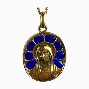 Medalla con colgante Plique a Jour de la Virgen María francesa esmaltada en oro amarillo de 18 k de Pierly, años 20