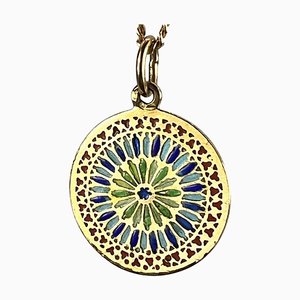 Médaille Pendentif Plique à Jour en Émail pour Porte-fenêtre en Or Jaune 18k, 1940s