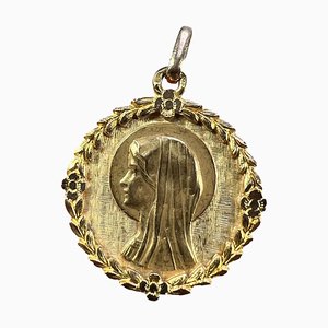 French Virgin Mary Flowers Leaves Wreath 18k Yellow Gold Medal Charm Pen by Perroud, 1950s