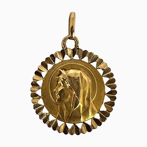 Französische Medaillen-Anhänger aus 18 Karat Gelbgold mit Jungfrau Maria von Perroud, 1940er