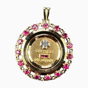 Large Plus Quhier Ruby Halo 18k Yellow Gold Love Medal Pendant from Augis, 1960s