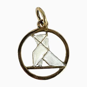 French Art Deco White Origami Bird 18k Yellow Gold Enamel Charm Pendant, 1920s
