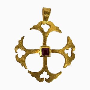 Vintage 24k Yellow Gold Ruby Cross Pendant, 1950s