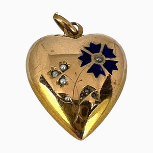 Colgante de perla francesa Puffy Love Heart Flowers esmaltada en oro amarillo de 18 k, década de 1890