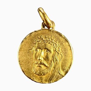 Colgante de medalla francesa de Jesucristo con corona de espinas en oro amarillo de 18 k, años 60