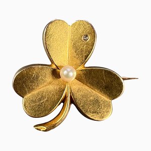 French Clover 18k Yellow Gold Pearl Diamond Pendant Brooch, 1890s