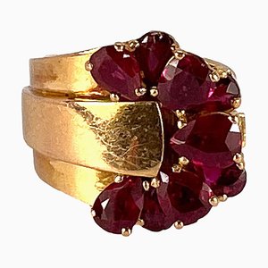 French Buckle 18k Yellow Gold Ruby Ring, 1950s