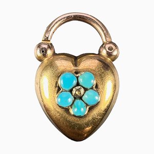 Medallón victoriano antiguo con candado en forma de corazón en oro amarillo y turquesa